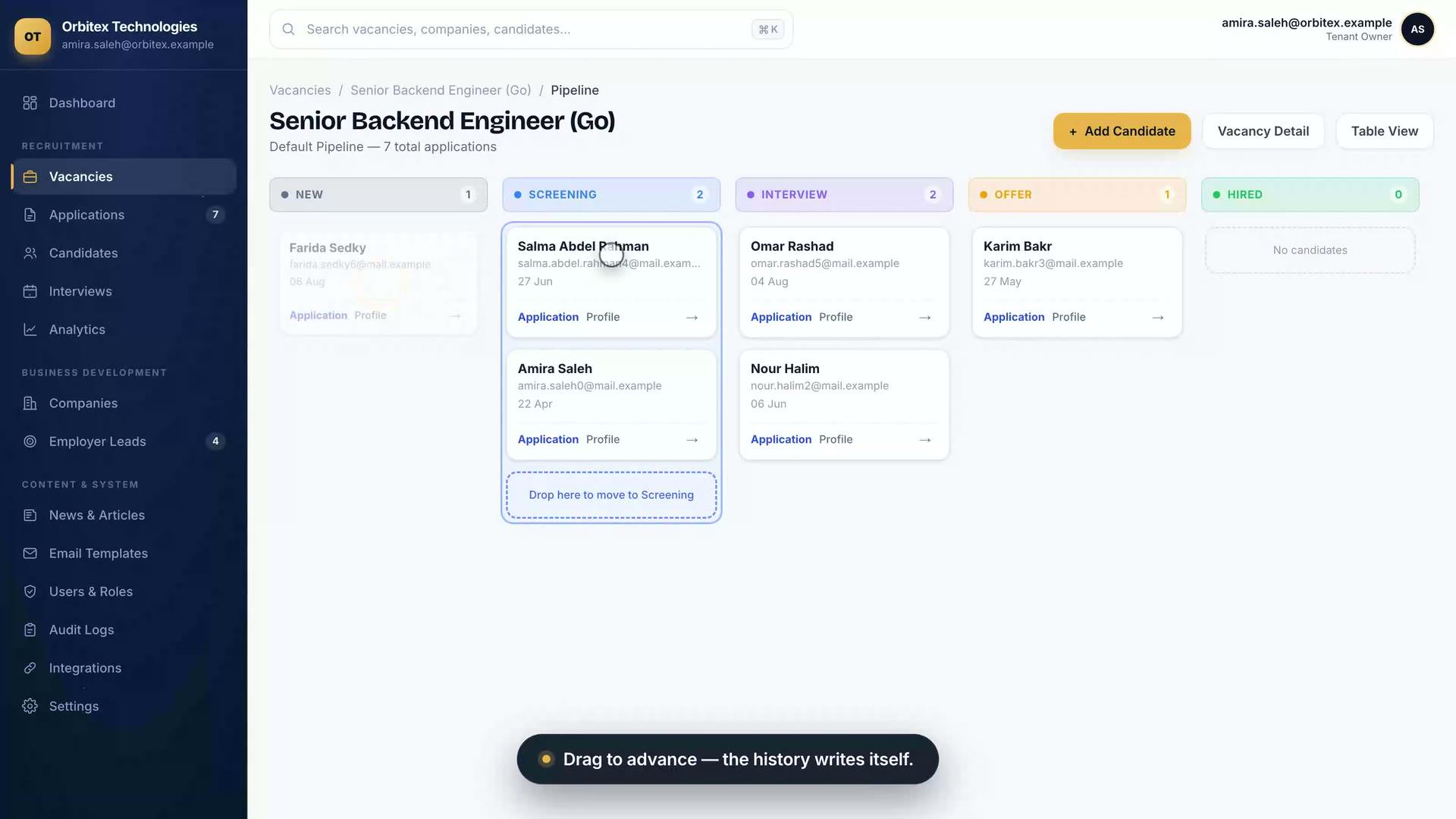 The Talent Navigator pipeline board mid-drag, moving a candidate into the screening stage