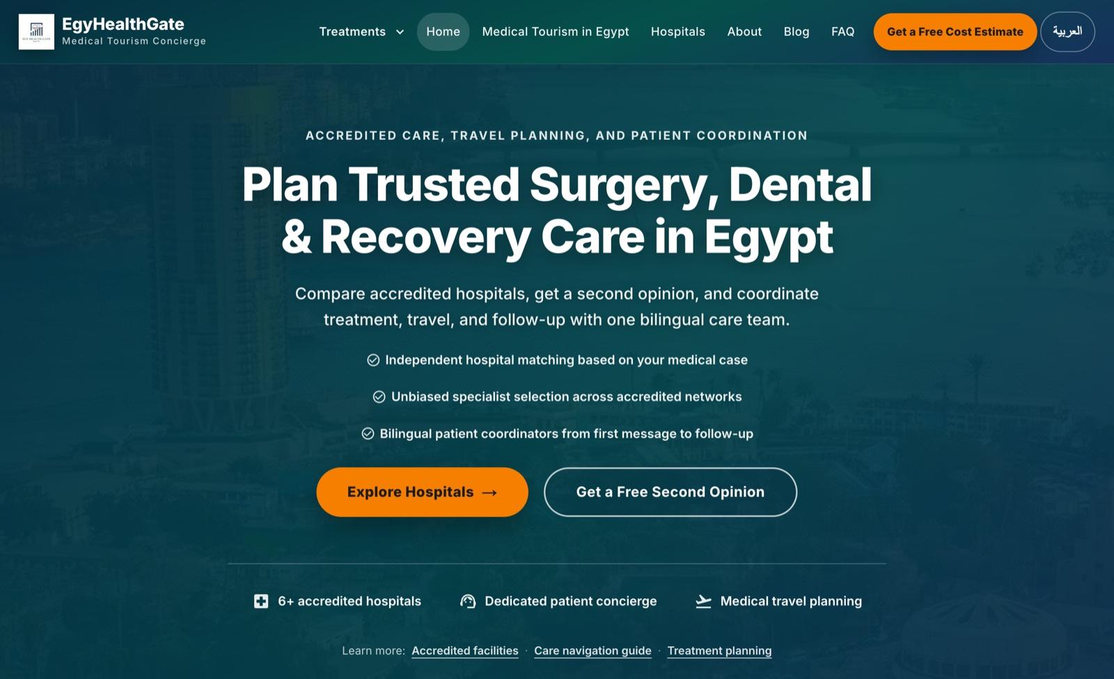 Homepage of EgyHealthGate, a bilingual medical tourism website designed and built by Northstar Talent Partners